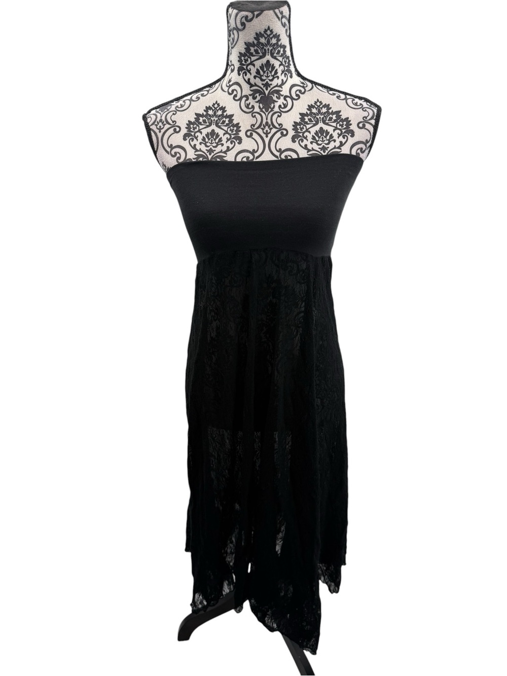 Black Lace Asymmetrical Midi Skirt Dress Sheer Stretch Waist Dark Feminine Goth - Picture 4 of 16